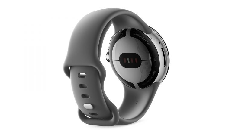 Google Pixel Watch Produktfoto der Rückseite einer Pixel Watch. Zu sehen sind verschiedene Sensoren.