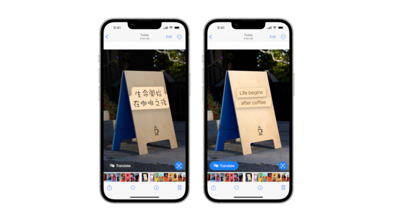 iOS 16 Auf zwei nebeneinander platzierten iPhones ist die neue Live-Text-Funktionen zu sehen, die Fremdsprachen in Echtzeit übersetzen kann.