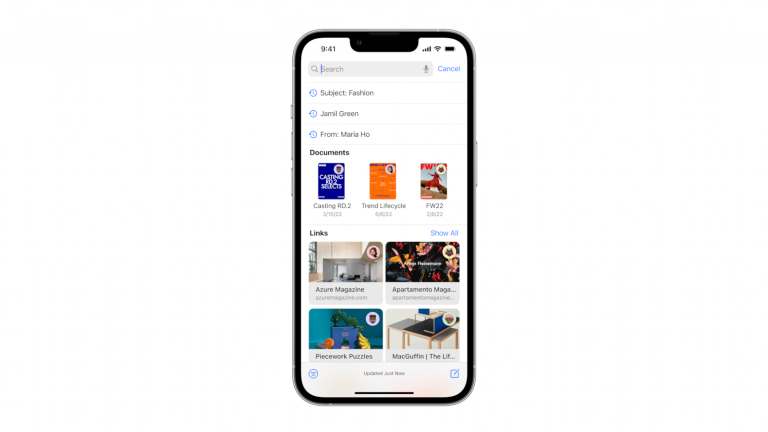 iOS 16 Auf einem iPhone ist die überarbeitete Suchfunktion in der Mail-App geöffnet.