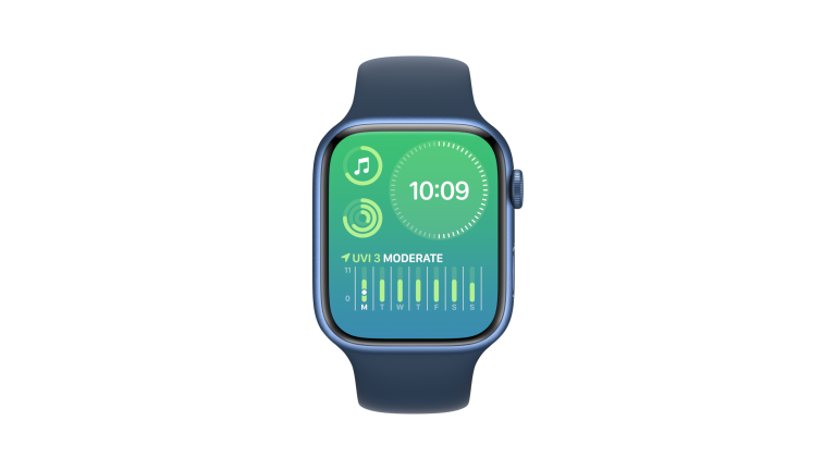 watchOS 9 Foto einer Apple Watch, auf der ein neues Watchface zu sehen ist.