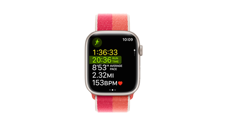 watchOS 9 Screenshot von watchOS 9, auf dem gerade eine Laufen getrackt wird.
