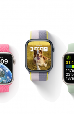 Fünf Apple-Watch-Modelle, auf denen verschiedene Screenshot aus watchOS 9 zu sehen sind.
