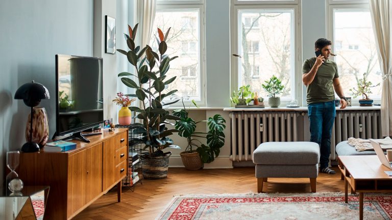 Eine Person steht in einem Wohnzimmer und telefoniert. Auf einer TV-Bank ist ein Fernseher zu sehen.