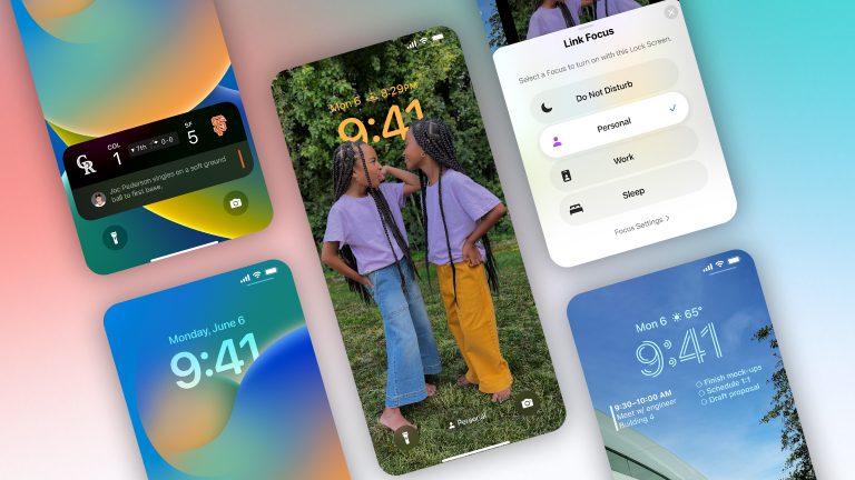 iOS 16 Lieblingsfeatures Mehrere Screenshots des neuen Entsperrbildschirms und seiner Funktionen unter iOS 16.
