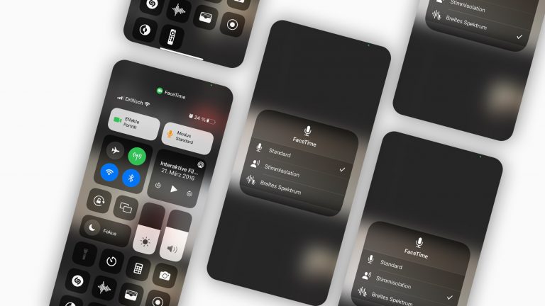iOS15 Stimmisolation Mehrere Screenshots des iPhone-Kontrollzentrums, auf denen gerade die Stimmisolation aktiviert ist.