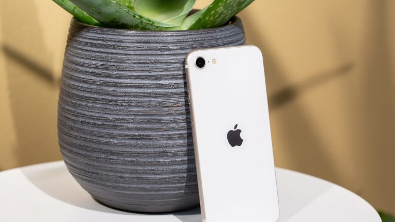 iPhone SE Ein iPhone SE 2022 lehnt an einem Blumentopf.
