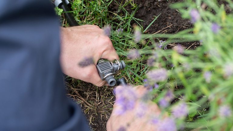 Gardena smart Water Control Eine Person verbindet zwei Schlauchteile mit einem Verbindungsstück.
