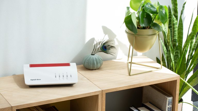 WLAN-Reichweite erhöhen Eine Fritz!Box steht auf einem Regal neben Pflanzen.
