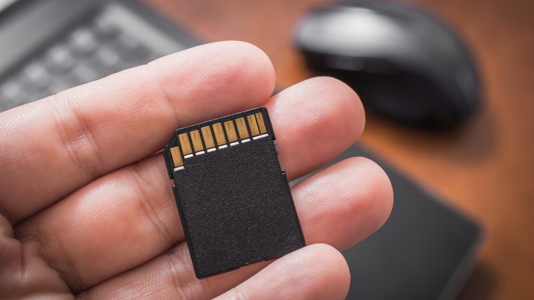 Eine Person hält eine SD-Karte in der Hand. Im Hintergrund ist ein Laptop zu sehen.