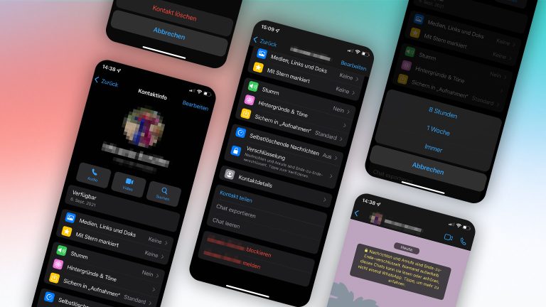 Whatsapp Kontakte blockieren Screenshots von WhatsApp, die das Löschen, Blockieren und Stummschalten von einem Kontakt zeigen.