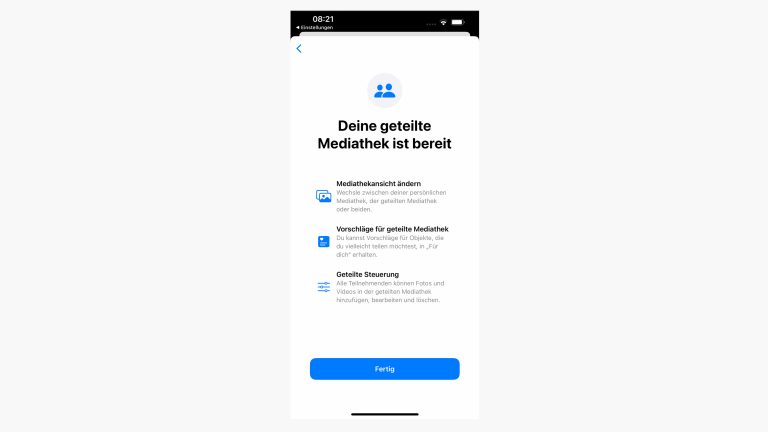iOS 16 geteilte Mediathek Screenshot des Einrichtungsprozesses der geteilten Mediathek auf einem iPhone.