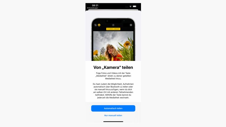 iOS 16 geteilte Mediathek Screenshot des Einrichtungsprozesses der geteilten Mediathek auf einem iPhone.