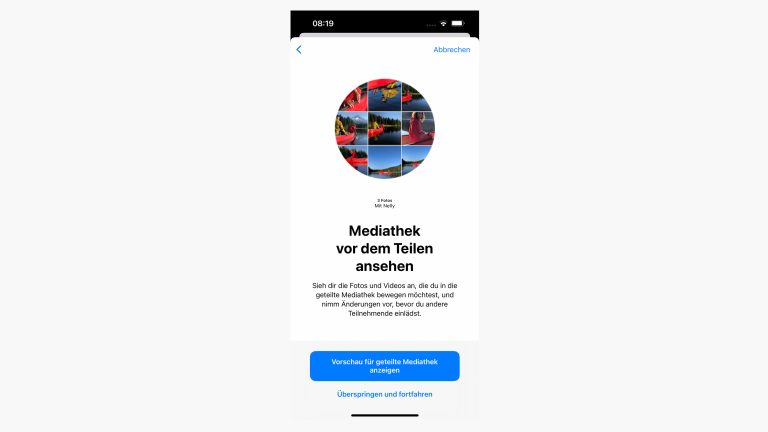 iOS 16 geteilte Mediathek Screenshot des Einrichtungsprozesses der geteilten Mediathek auf einem iPhone.