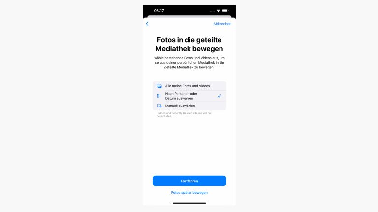 iOS 16 geteilte Mediathek Screenshot des Einrichtungsprozesses der geteilten Mediathek auf einem iPhone.