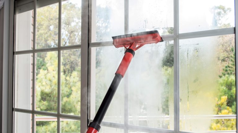 Dampfreiniger Mit einem roten Dampfreiniger wird eine große Fensterfront gereinigt.