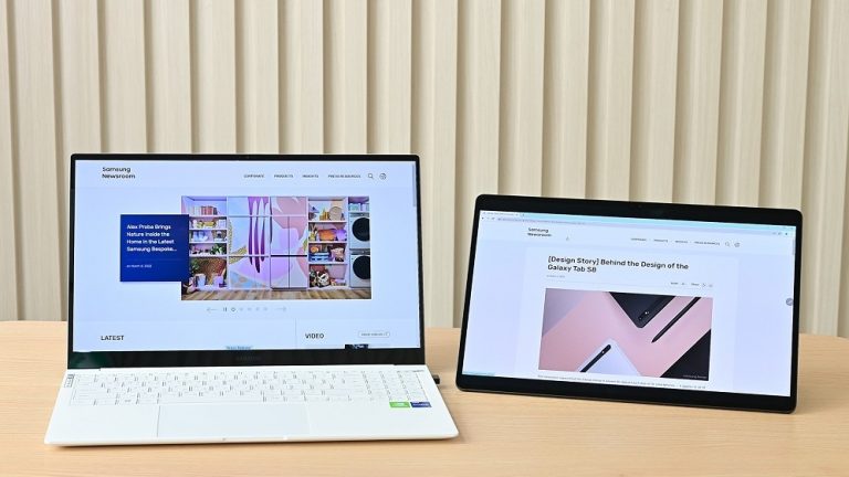 Tablet kaufen Ein Galaxy Tab S8 ist neben einem Laptop von Samsung abgebildet.