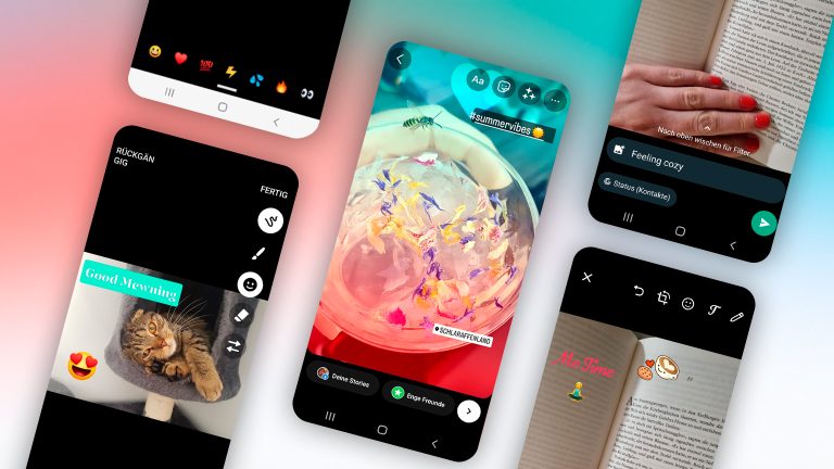 Social Media Stories Es sind mehrere Screenshots zu sehen, auf denen eine Social-Media-Story erstellt wird. Neben einer Katze, sind ein Buch und ein bunt verzierter Cocktail zu erkennen.