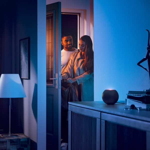 Zwei Personen betreten eine Wohnung, in der auf einer Anrichte ein HomePod mini in Schwarz steht.