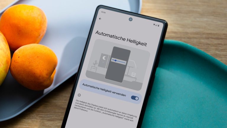 Ein Google Pixel 6 liegt auf zwei flachen Schalen. Auf dem Bildschirm sind die Einstellungen für die automatische Helligkeit zu sehen. Ein Google Pixel 6 liegt auf zwei flachen Schalen. Auf dem Bildschirm sind die Einstellungen für die automatische Helligkeit zu sehen.