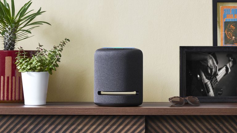 Amazon Echo Studio Ein Echo-Lautsprecher steht auf einem Sideboard neben einem Bild und Pflanzen.