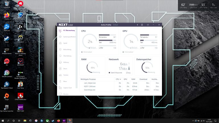 Screenshot von NZXT Cam, das auf einem Gaming-Rechner läuft.