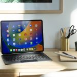 Ein iPad Pro steht, an einem Magic Keyboard angebracht, auf einem Tisch.