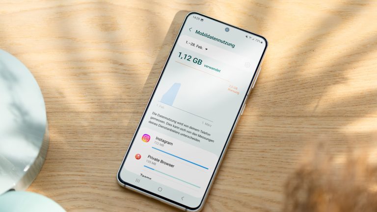 Ein Samsung Galaxy S21 zeigt eine Übersicht der Mobildatennutzung an. Ein Samsung Galaxy S21 zeigt eine Übersicht der Mobildatennutzung an.