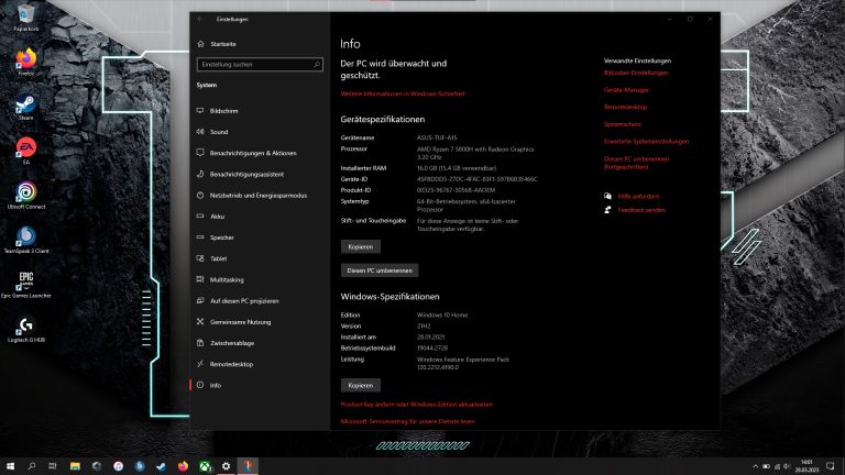 Screenshot von Windows 10, auf dem die Systemspezifikationen zu sehen sind.