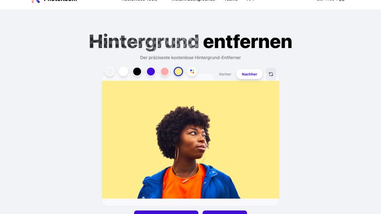 Screenshot vom Online-Tool PhotoRoom, bei dem der Hintergrund eines Bildes mit einer Person gelb gefärbt ist.