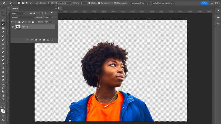 Die Oberfläche von Photoshop, auf der ein Bild von einer Person mit transparentem Hintergrund zu sehen ist.