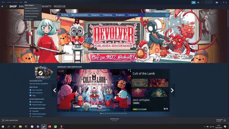 Screenshot vom Steam-Client mit geöffnetem Hilfe-Menü.