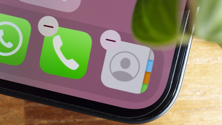 Zoom auf das Dock der На главную eines iPhones. Die Telefon- und Adressbuch-App sind angepinnt.