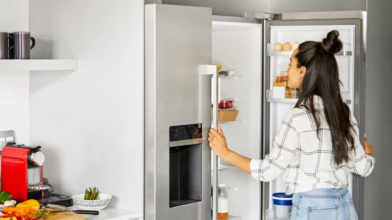 Eine Person steht vor einem geöffneten Kühlschrank.
