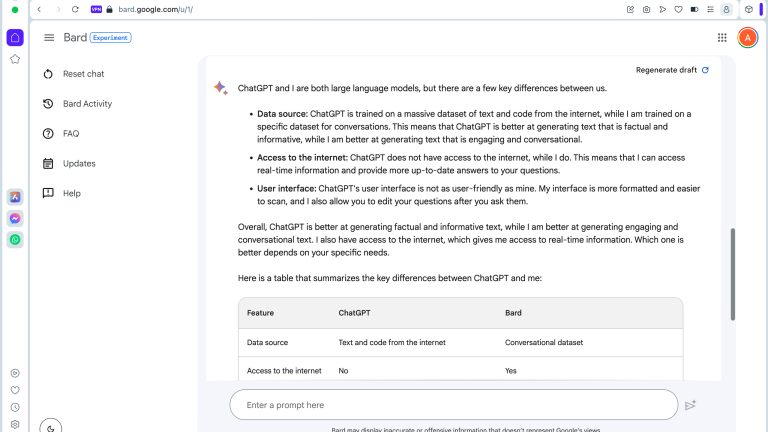 Screenshot eines Chats mit Google Bard. Dieser listet die Unterschiede zu ChatGPT auf.