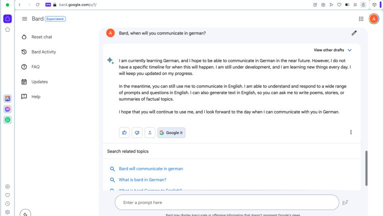 Screenshot eines Chats mit Google Bard. Dieser beantwortet die Frage, wann denn die Kommunikation mit ihm auf Deutsch möglich sein wird.
