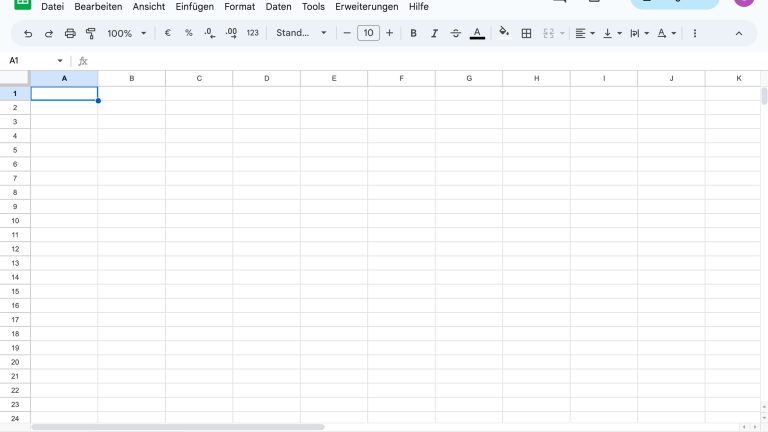Screenshot von einem leeren Tabellenblatt in Google Tabellen.