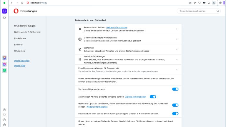 Screenshot der Einstellungen des Opera Browsers. Oben links ist ein Fenster aufgeploppt, das mögliche VPN-Standorte anzeigt.