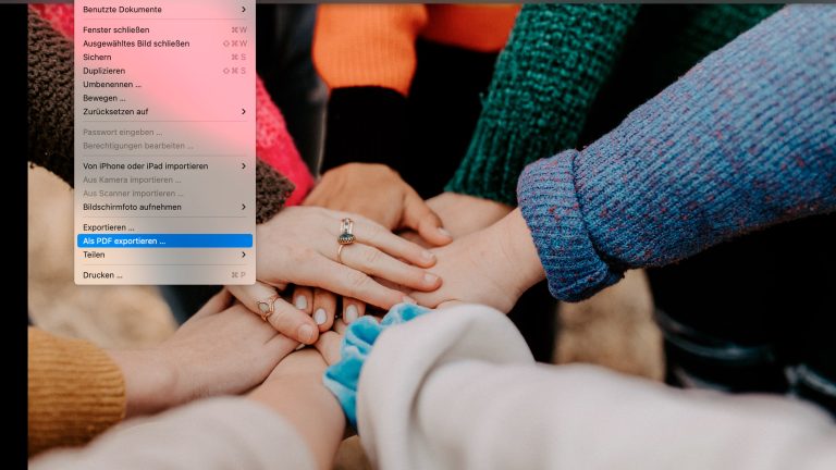 Screenshot der Bildvorschau unter macOS mit geöffnetem Ablage-Menü.