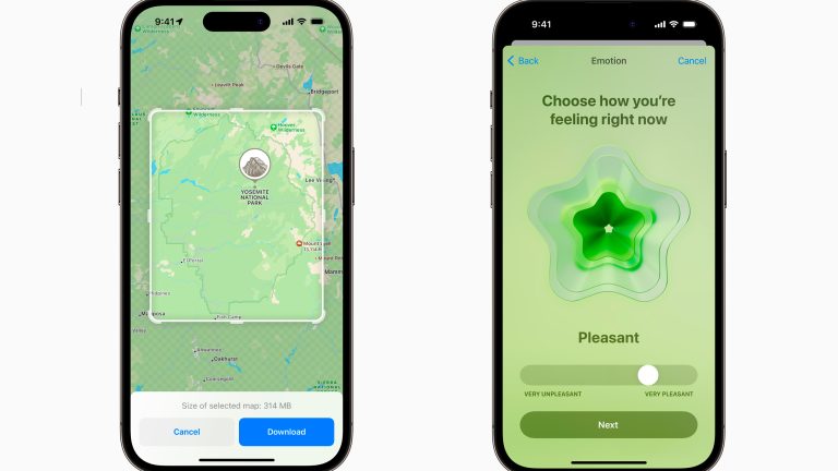 Zwei Screenshots zeigen die neuen Funktionen unter iOS 17: Offline-Karten und die Option, in der Health-App die aktuelle Stimmung einzutragen. Zwei Screenshots zeigen die neuen Funktionen unter iOS 17: Offline-Karten und die Option, in der Health-App die aktuelle Stimmung einzutragen.