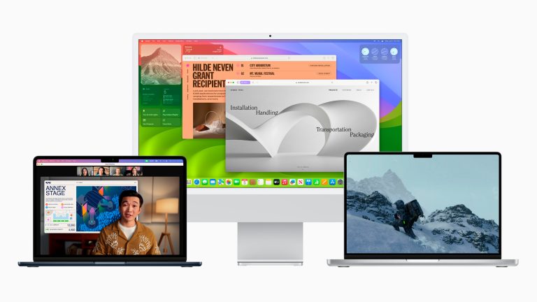 Produktfoto zweier MacBooks und eines iMac, auf denen macOS Sonoma läuft.