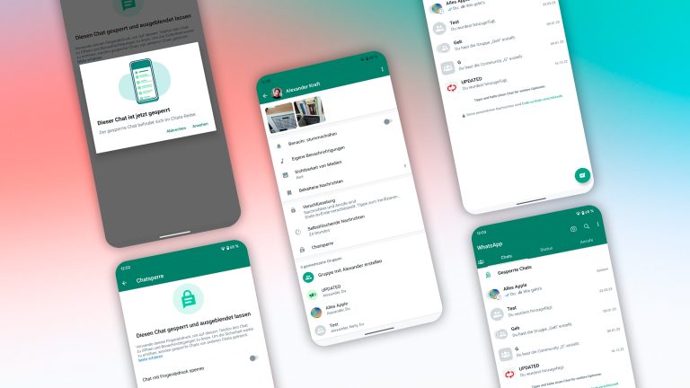 Eine Sammlung Screenshots, die zeigen, wie sich Chats bei WhatsApp sperren lassen.