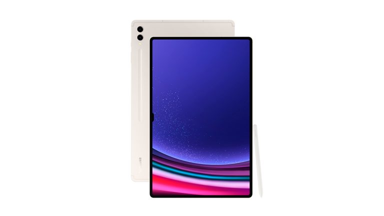 Das Galaxy Tab S9 steht aufrecht in der Farbe Beige.