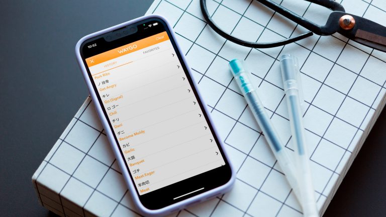 Ein Smartphone liegt neben Deko-Artikeln auf einer Schachtel. Die App „Waygo“ ist geöffnet. Ein Smartphone liegt neben Deko-Artikeln auf einer Schachtel. Die App „Waygo“ ist geöffnet.