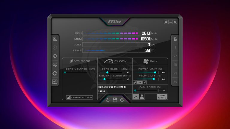 Screenshot von einem Desktop, auf dem MSI Afterburner geöffnet ist.