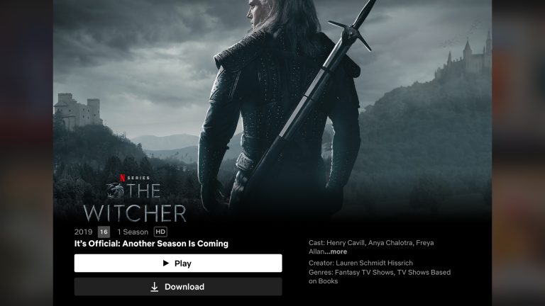 Screenshot von Netflix, auf dem die Serie „The Witcher“ neben der Möglichkeit, diese herunterzuladen, zu sehen ist. Screenshot von Netflix, auf dem die Serie „The Witcher“ neben der Möglichkeit, diese herunterzuladen, zu sehen ist.