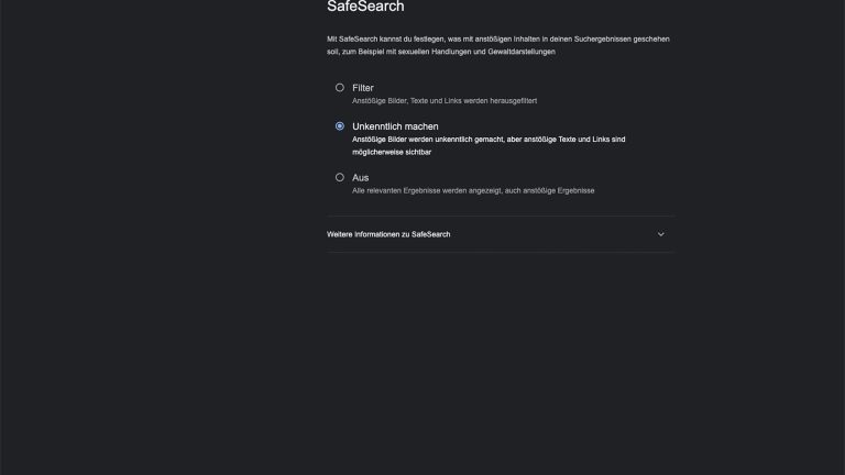 Screenshot von den Safesearch-Einstellungen von Google.