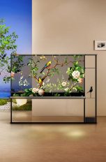 Ein Transparenter Fernseher von LG steht vor einer Wand und einer Fotokulisse.