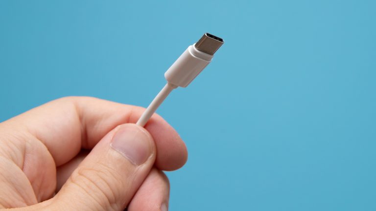 Eine Person hält ein Kabel mit einer USB-C-Steckverbindung in die Kamera.