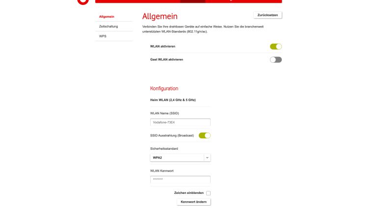 Die Vodafone Station erscheint auf den ersten Blick etwas “aufgeräumter”. Ein geöffnetes Browserfenster auf der die Bedienoberfläche der “Vodafone Station” zu sehen ist. Unter “WLAN” ist das Untermenü “Allgemein” ausgewählt.