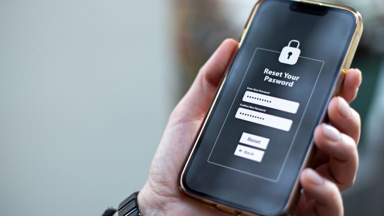 Person hält ein Smartphone. Auf dem Bildschirm wird ein Passwort zurückgesetzt.